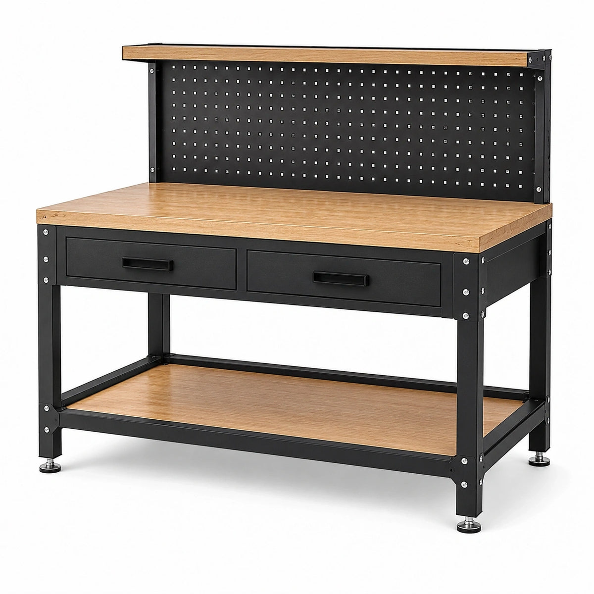 Werkbank 120 x 60 x 150 cm Braun/Schwarz mit Lochwand, 2 Schubladen und Bodenablage